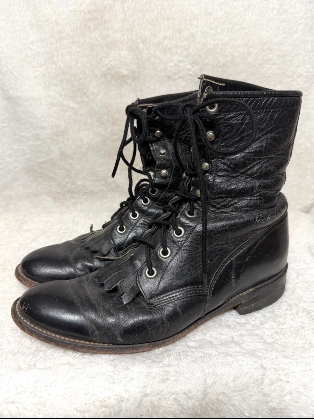 Vintage Justin black leather lace-up roper boots size 7.5 - Picture 13 of 13